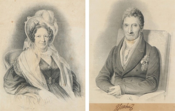 Emil Bærentzen: A pair of portraits depicting Johan Sigismund von Møsting and wife. Signed and dated in print. Lithographic prints. (2)