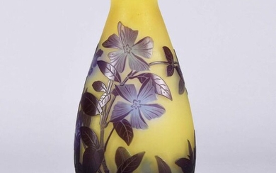 Emile Gallé (1846 ~ 1904) French Art Nouveau Cameo Glass Vase. Japanese inspired blue/purple flowers on a yellow field, signed Gallé in raised cameo script. Circa 1900. Height - 18 cm.
