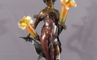 FINE FRENCH BRONZE AND ART GLASS FIGURAL LAMP