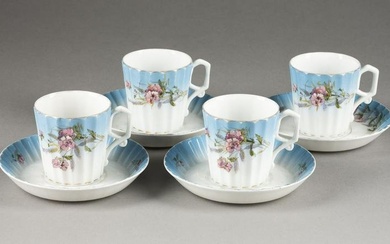 FOUR PORCELAIN CUPS AND SAUCERS Russian, Kuznetzov Facto