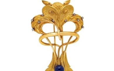 FRENCH, M.C. LALIQUE, YELLOW GOLD, DIAMOND AND BLUE ENAMEL OWL PIN