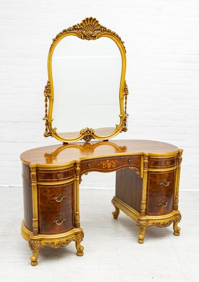 FRENCH STYLE VANITY AND MIRROR, WALNUT AND SATINWOOD C 1930 H 30" W 51" D 21"