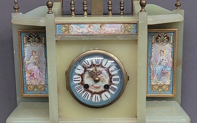 Fantastic Onyx Shelf Clock with Porcelain Hand Painted Romantic Scenes of Woman & Children.