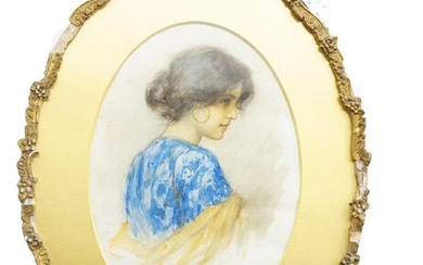 Fiari, Italian School, early 20th century- Portrait of a lady from behind, turned to the right; watercolour heightened with white on paper, signed 'Fiari' (lower right), bears label for 'Leggatt Brothers' to the reverse of the frame, oval, 33 x 23...