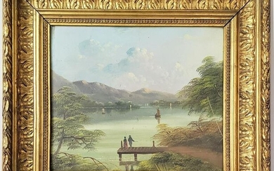 Fine German Oil on Artist Board River Landscape Painting, 19th Century