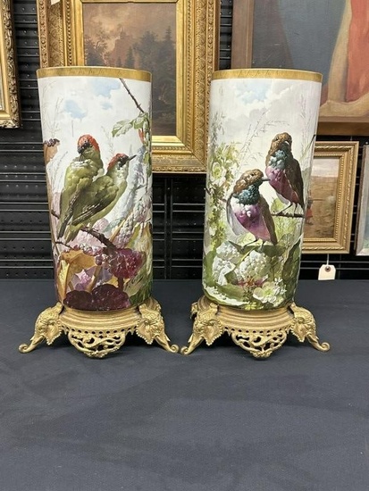 Fine pair handpainted tall porcelain vases on figural elephant heads metal base, both Artist