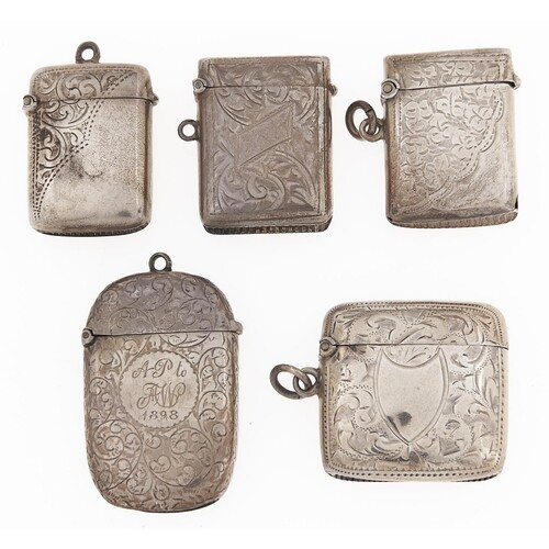 Five silver vesta cases, Victorian-George V, 38-51mm, 3ozs
