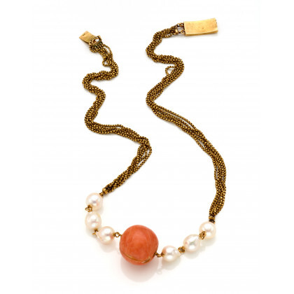 Five strand yellow 18K gold chain necklace finished with pearls and a mm 17.90 circa coral bead, g 21.10 circa,...