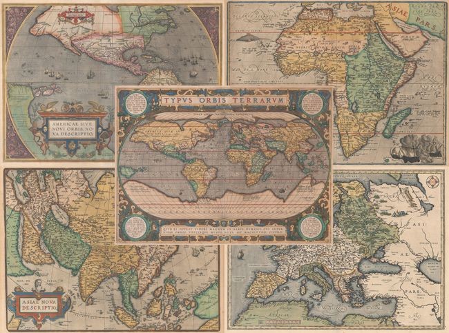 Folio Set of Ortelius World and Continents, "[Lot of 5] Typus Orbis Terrarum [and] Americae sive Novi Orbis, Nova Descriptio [and] Africae Tabula Nova [and] Asiae Nova Descriptio [and] Europae", Ortelius, Abraham