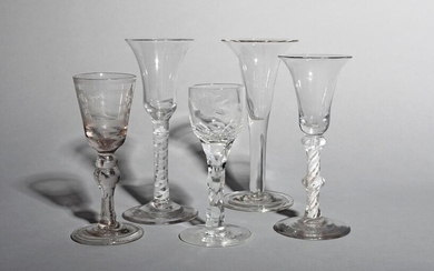 Four English wine glasses c.1750-70, two with bell...