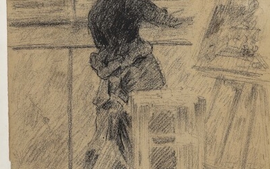 Francec. 1900 Artiste au dos du Louvre. numéroté n°9. Dessin au fusain sur carton mince....