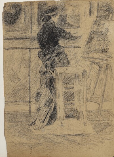 Francec. 1900 Artiste au dos du Louvre. numéroté n°9. Dessin au fusain sur carton mince....
