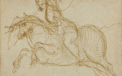 French School, circa 1600, Sketch of a horse rider; pen and brown ink and brown wash on laid paper, bears collector's mark L.191a (lower left), 10.5 x 12.8 cm. Provenance: Dr Alfredo Viggiano (1884-1948) (Lugt 191a).; Anon. sale, Christie's...