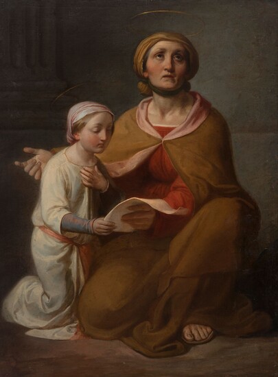 French School; circa 1805. "The Education of the Virgin. Oil on canvas. Relined. Size: 99...