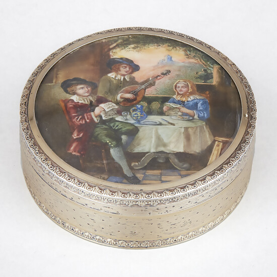 French Silver Parcel-Gilt Circular Box with Inset Miniature Painting, early 20th century