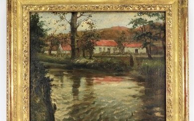 Frits Thaulow Woman by a River Landscape Painting