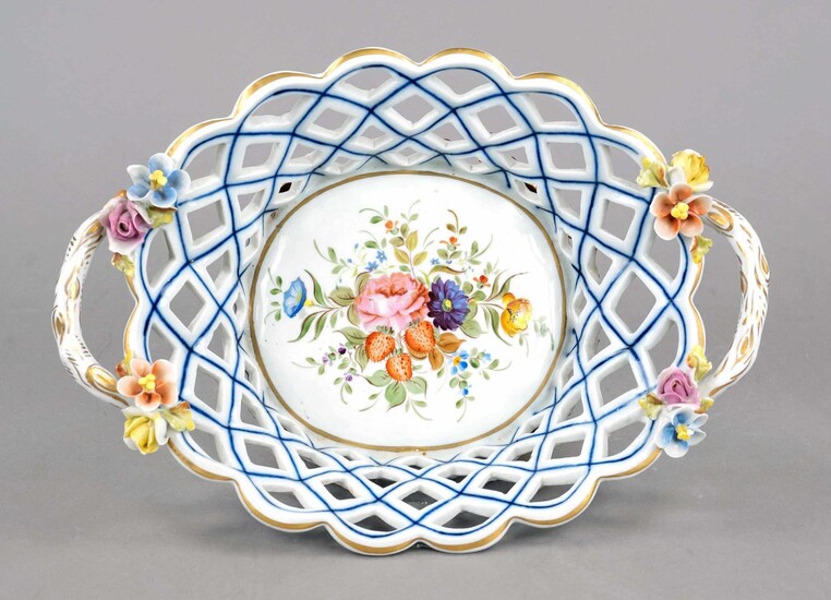 Fruit basket, France, 20th c., Sevres imitation mark, openwork wall mi branch handles and flowers on