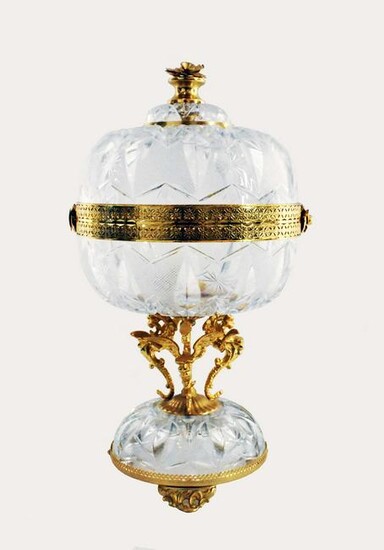 GILT METAL MTD CUT-GLASS COVERED CENTER BOWL ON STAND