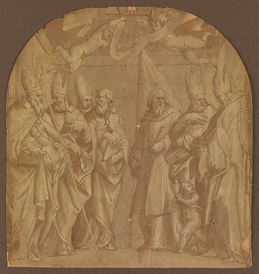 GIORGIO VASARI (CIRCLE OF) (Arezzo 1511-1574 Florence) Seven Bishop Saints Attended by Putti...