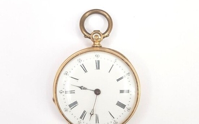 GOLD NECK WATCH 750 ‰, chiselled case with cartridge, white enamel dial, Roman numerals (accident), PB 24.7 g