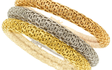 Gold Bracelets The trio of 18k white, yellow and...