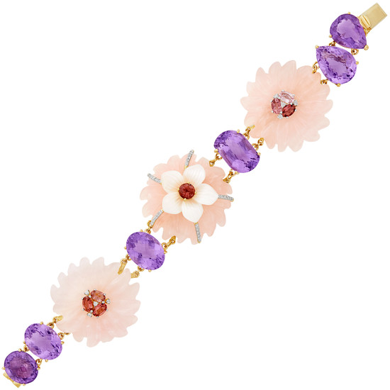 Gold, Carved Rose Quartz and Mother-of-Pearl, Amethyst, Pink Tourmaline and Diamond Bracelet