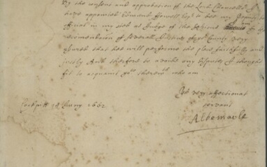Great Britain Civil War George Monk, 1st Duke of Albermarle 1662 (14 Jan.) letter signed "Alber...