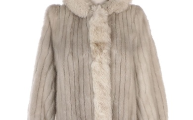 Grey Corded Mink Jacket With Hood and Blue Fox Fur Trim
