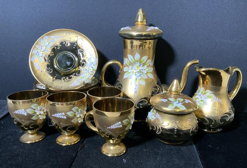 Group Lot 12 pc Hand Painted Glass Serving Set