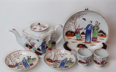 Group of New Hall Porcelain Teapot,Cups and Plates