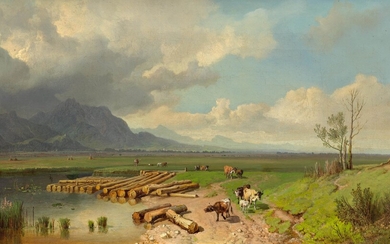 HEINRICH BÜRKEL(Pirmasens 1802-1869 Munich)Paysage avec du bétail en train de paître. Circa 1858.Huile sur toile....