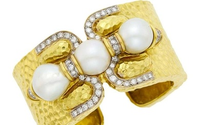 Hammered Gold, Semi-Baroque South Sea Cultured Pearl and Diamond Cuff Bangle Bracelet