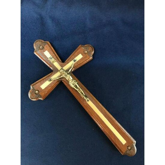 Hand-carved Wood & Gilt Brass Crucifix Cross