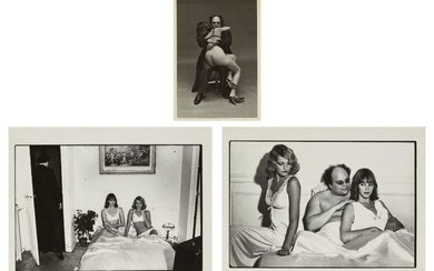 Helmut Newton, German 1920-2004- Gustave Moreau and friends; two silver gelatin prints on paper, sheets 20.3 x 25.3cm plus a postcard 15.3 x 10.8cm (unframed) (3) (ARR)