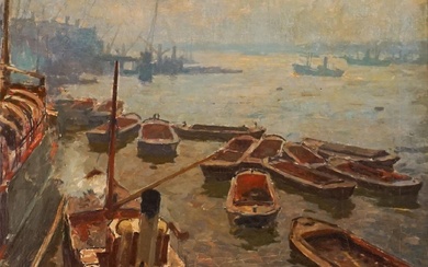 Hendrik Jan Wolter (Dutch 1873-1952), Harbor View (possibly Amsterdam), Oil on canvas, 20 x 24 in (50.8 x 61 cm)