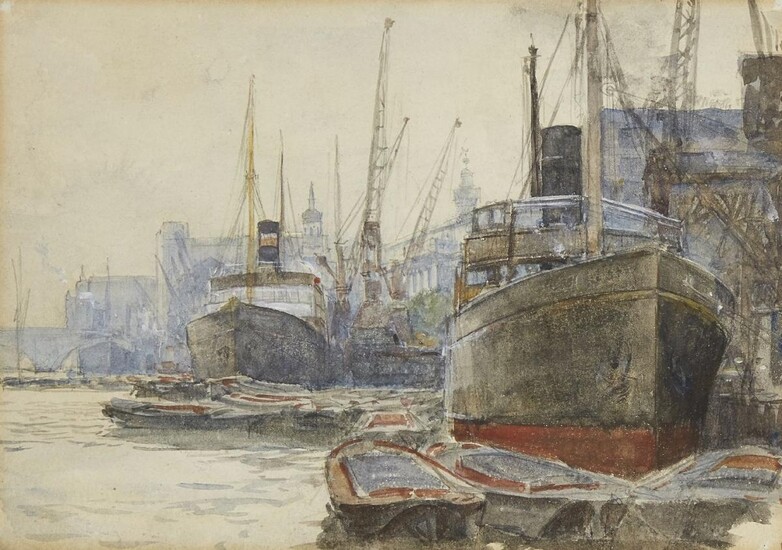 Henry Charles Brewer RI, British 1866-1950 - On the Thames at Cannon Street; watercolour and pencil on paper, 17.2 x 24.5 cm Provenance: Christie's, South Kensington, 'Henry Brewer Studio Sale', 1987 (according to the label attached to the reverse...