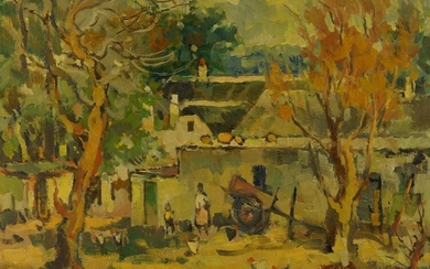 Herbert Harold Coetzee, South African 1921-2008- Figures with chickens in a yard; oil on panel, signed and dated 'Herbert Coetzee / 57' (lower left), 28.5 x 39.5 cm.