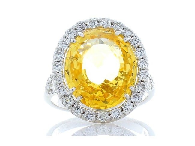 Heritage Gem Studio 9.85 Carat Oval Yellow Sapphire And Diamond Cocktail Ring In White Gold