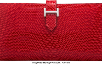 Hermès Rouge Casaque Lizard Bearn Wallet with Palladium Hardware...