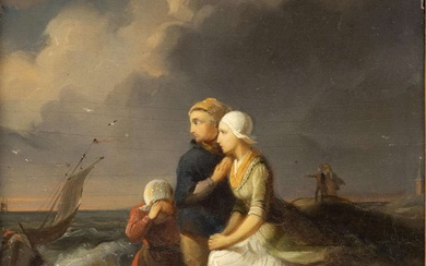 Hollandse School (19de eeuw), Vissersfamilie wachtend op de terugkomst van vader bij zwaar weer