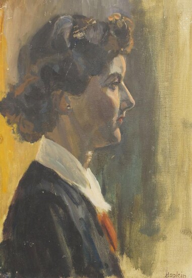 Hopkin, British school, mid-20th century- Portrait of a woman in profile, turned to the right; oil on canvas laid down on board, signed lower right, 48 x 36 cm (unframed)