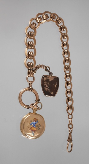 Horloge à suspendre en or vers 1880, boîtier avec deux couvercles estampillés 18 K, couvercle...