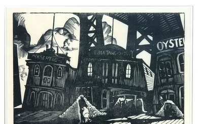 Howard COOK: Oyster Boats in Manhattan - Woodcut