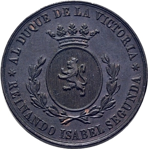 Isabel II. Medalla de la Inauguración del Ferrocarril a Madrid. 1856. Bronce. Vives 800. Alguna rayita y marquitas. MBC+
