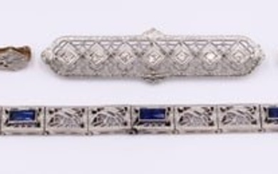 JEWELRY. (3) 14k Art Deco Bar Pins and a Bracelet.
