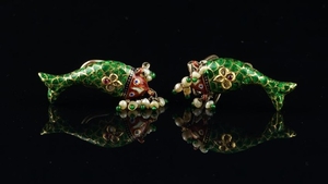 Jaipur enamel fish ear clips, with green, blue and red