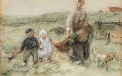 Jan Zoetelief Tromp (1872-1947), Moeder met twee kinderen en hond in de duinen