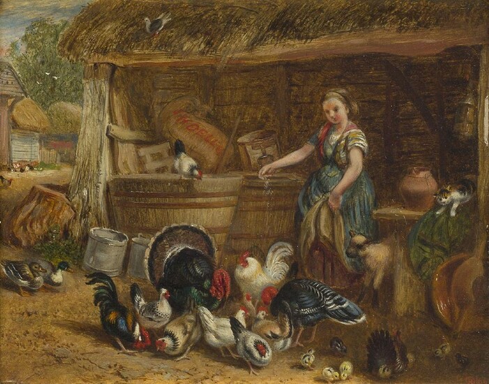 John Henry Dell, British 1836-1888- The Poultry Yard; oil on panel, signed in the artist's monogram and dated 'HD|66' (lower right), 11.5 x 14.5 cm. Provenance: Private Collection, UK.
