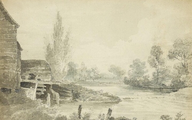 John Monro, British 1801-1880- A wooded river landscape with two figures in a boat, a building to the left; pencil and grey wash on paper laid down on card, bears inscription 'John Monro' (on the reverse), 21.4 x 27.8 cm. Provenance: Collection of...