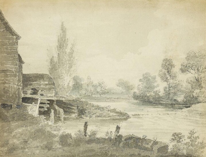 John Monro, British 1801-1880- A wooded river landscape with two figures in a boat, a building to the left; pencil and grey wash on paper laid down on card, bears inscription 'John Monro' (on the reverse), 21.4 x 27.8 cm. Provenance: Collection of...